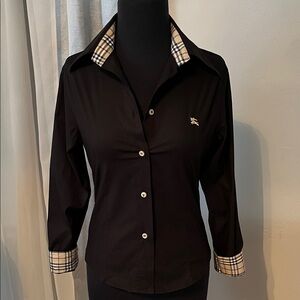 Burberry Black Button Down Shirt with Check Accents